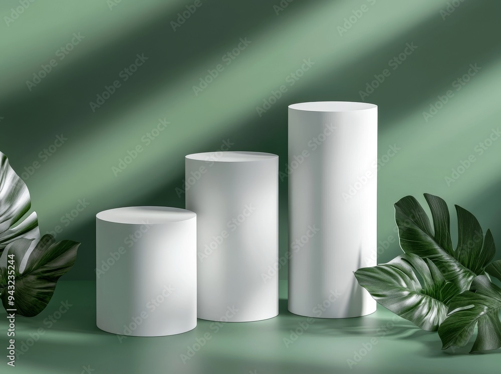Aufkleber objects with geometric shapes and a podium in a background 3d scene.
