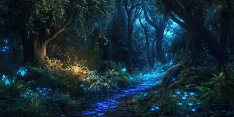 Enchanted forest path with glowing blue lights.