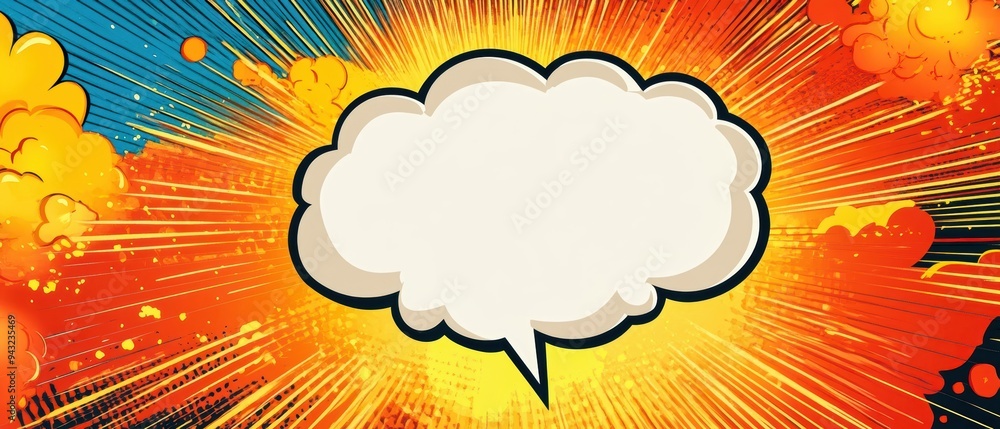 Poster vibrant comic-style explosion background with empty speech bubble for creative text placement and vi