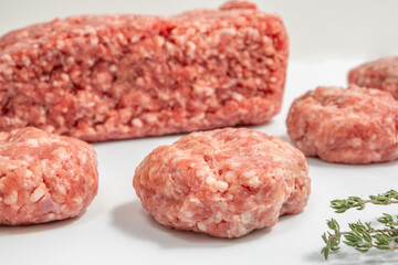 Ground beef cutlets with spices for making burgers on white background.