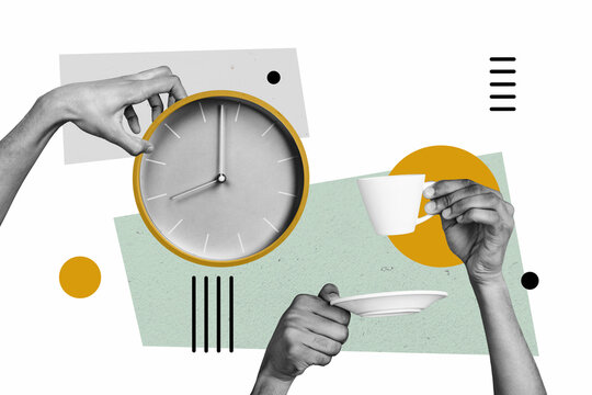 Composite artwork collage image picture of arms hold clock coffee cup isolated on creative background