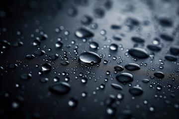 High-definition macro shot of water droplets on a dark surface creating a serene and contemplative mood.
