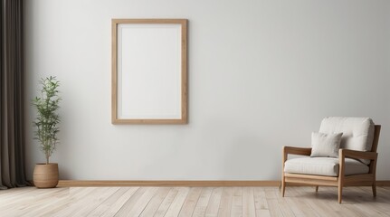Minimalist Living Room with Empty Picture Frame, Wooden Chair, and Plant