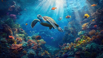 Sea Turtle Swimming Through Coral Reef