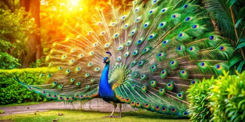 Obraz premium Vibrant peacock spread its stunning iridescent long tail feathers, showcasing majestic glory, shining in sunlight, amidst lush green foliage in a serene natural environment.