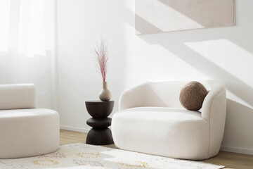 View of modern scandinavian style interior with sofa and trendy furniture, Home staging and...
