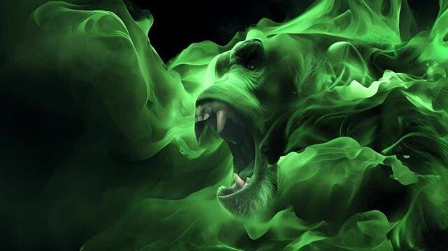 A green and glowing monkey with a mouth open and teeth showing