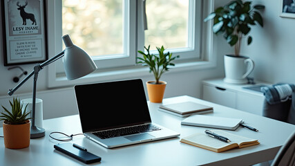 Fototapeta premium Minimalist Home Office Desk with Laptop and Desk Lamp