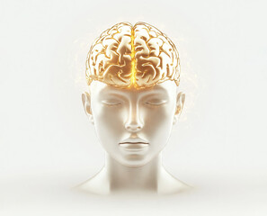 Illuminated Creativity, A Clear Marble Head with a Glowing Golden Brain Symbolizing Innovation and Brilliant Ideas, Generative AI