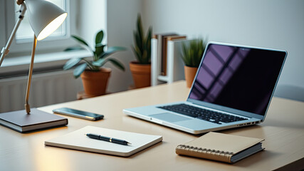 Modern Workspace with Laptop, Notebook, and Desk Lamp