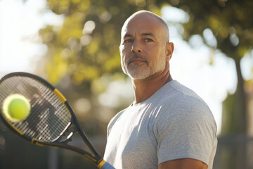 Man holding a tennis racket, focused on the game