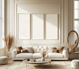 Mockup of a classic frame in a modern living room interior, rendered in 3D