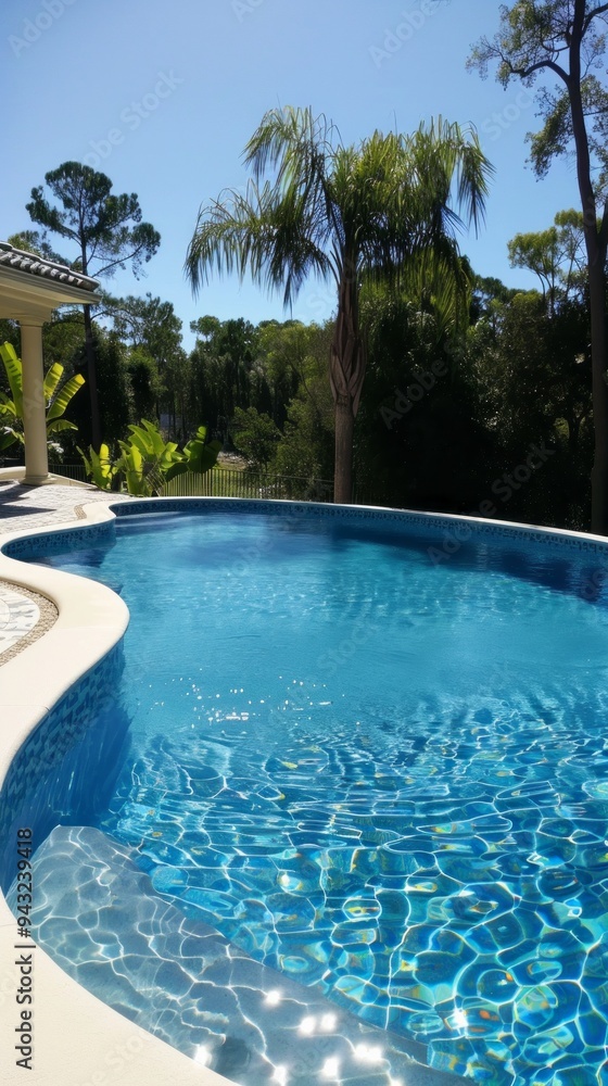 Poster A pool with a palm tree in the background