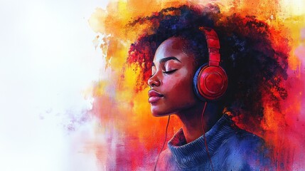 Profile with red headphones and colorful abstract background