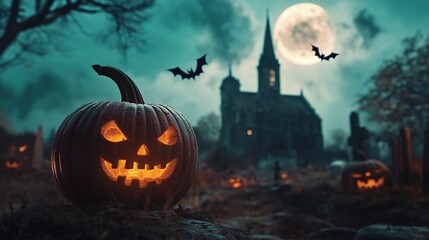 Fototapeta premium Pumpkin zombie Rising Out Of A Graveyard cemetery and church In Spooky scary dark Night full moon bats on tree. Holiday event halloween banner background concept. copy space.