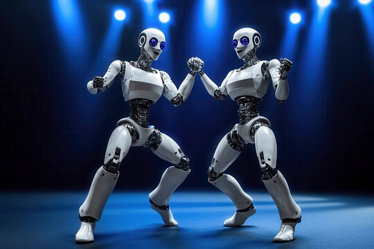 Two humanoid robots dancing Rock and Roll in a dance hall under blue spotlights, AI generated - Powered by Adobe