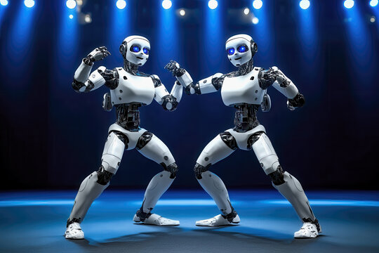 Two humanoid robots dancing Rock and Roll in a dance hall under blue spotlights, AI generated