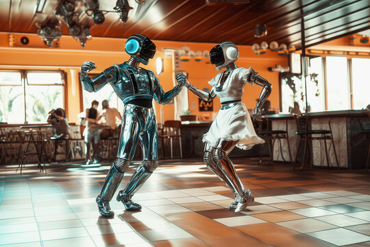 Male and female humanoid robots dancing tango in a dance hall, AI generated
