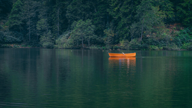 Artvin, Karagol. Karagol with its foggy weather, magnificent view surrounded by lush green trees and a boat floating on the lake.