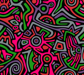 Abstract hand-drawn drawing of bright colors of chaotic shapes.Seamless pattern.