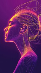 Colorful abstract neon lines forming human profile art.