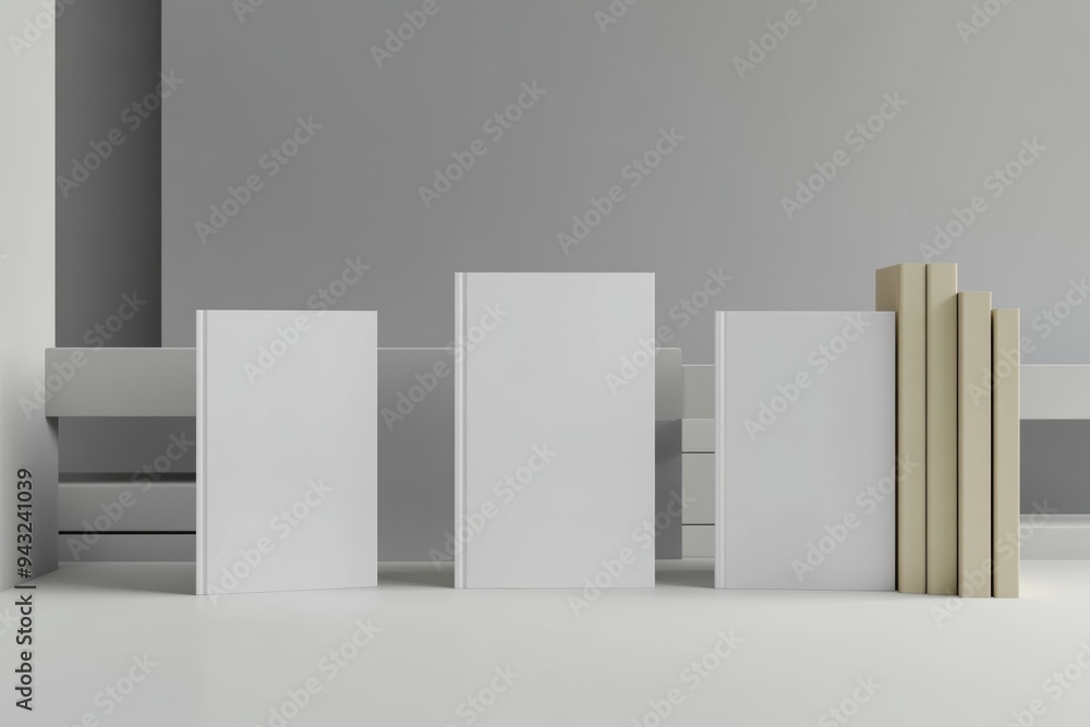 Poster an illustration of a realistic 3d book mock-up with four hard covers standing on an isolated gray ba