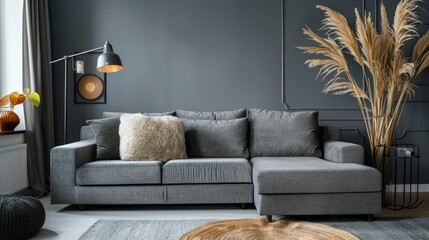 A living room with a gray couch and a brown rug