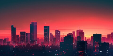 Obraz premium Trendy minimalistic cityscape poster depicting a vibrant sunset over a modern skyline with glowing buildings and darkened silhouettes