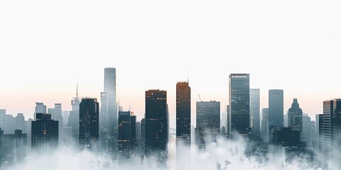 A trendy and minimalistic cityscape poster featuring silhouettes of modern skyscrapers at dusk with fog rolling in