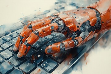 Fototapeta premium Orange robotic hand interacts with modern computer keyboard.