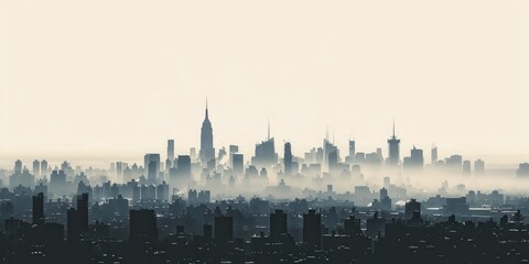 Fototapeta premium Trendy minimalistic cityscape poster featuring a hazy skyline at dawn with iconic structures and subdued colors