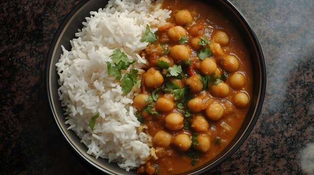 74. A bowl of Indian chole (chickpea curry) with rice