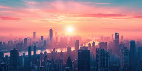 Fototapeta premium Trendy minimalistic cityscape featuring vibrant sunset over skyline with reflective river and modern architecture in a serene urban atmosphere