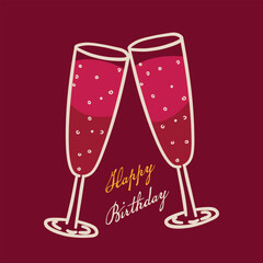 Happy birthday postcard with glasses of wine, vector illustration in retro vintage style.