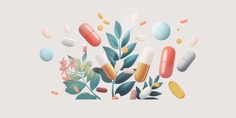 Trendy minimalistic medicine poster featuring colorful capsules and leaves in a serene arrangement for health and wellness