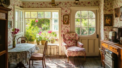 Fototapeta premium Charming Vintage Interior with Floral Wallpaper and Garden View