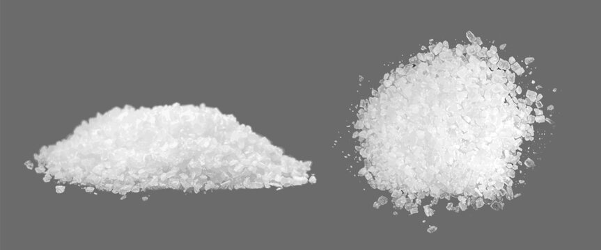 Realistic salt or sugar crystal powder pile top and side view on grey background. 3d vector illustration set of crushed seasoning granules heap. White spicy salty or sweet natural mineral grain.