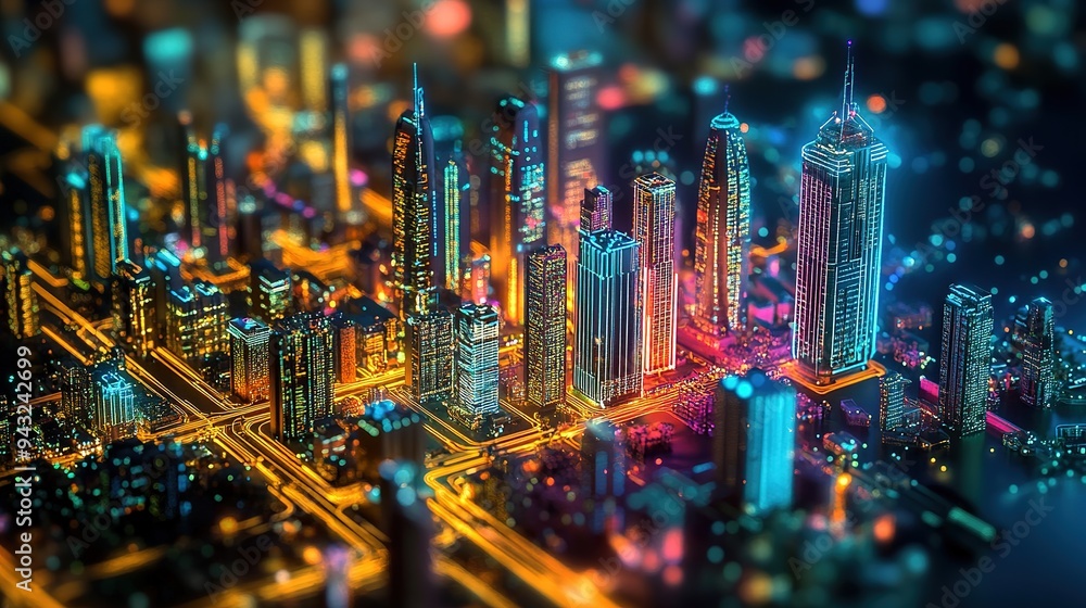 Poster smart city and communication wireless network 5g. rounded abstract cityscape network connection, int