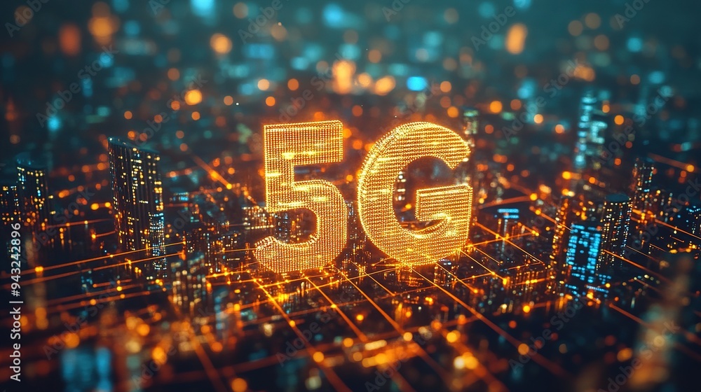 Poster smart city and communication wireless network 5g. rounded abstract cityscape network connection, int