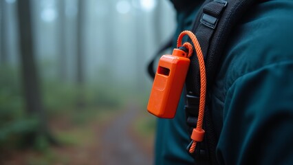Outdoor Survival: Close-Up of an Emergency Whistle with Paracord on Backpack Strap, Set Against a Foggy Forest Background Highlighting Safety in Low-Visibility Conditions