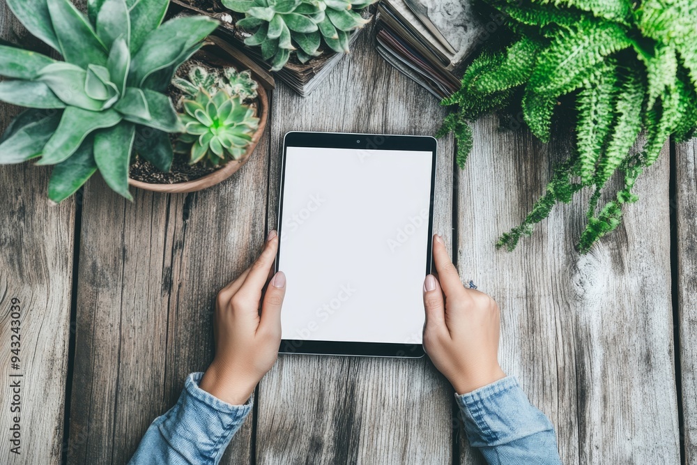 Aufkleber the hands holding a digital tablet are pointing at a mockup of a blank screen in front of a sofa in 