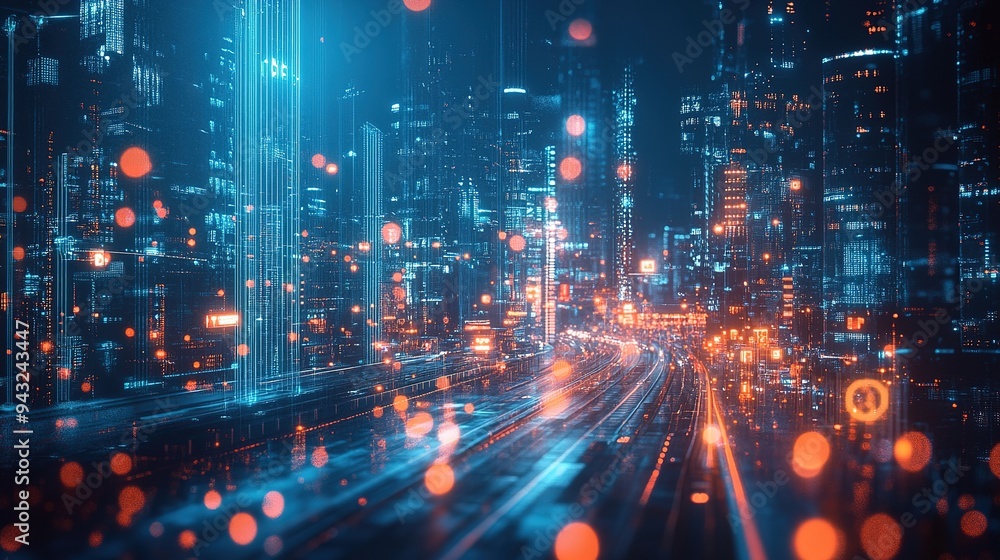 Poster smart city and communication wireless network 5g. rounded abstract cityscape network connection, int