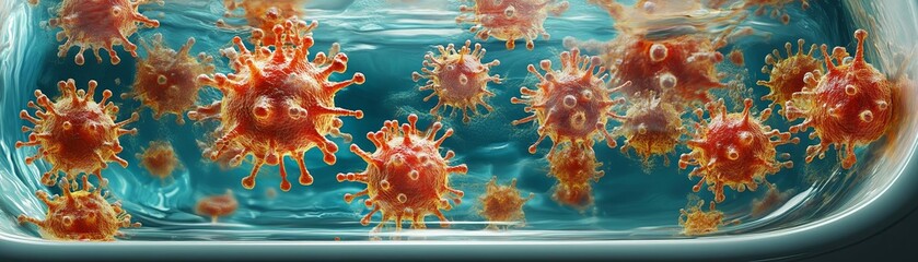 Fototapeta premium Contaminated bathroom sink, enlarged germs, radiant colors, 3D illustration