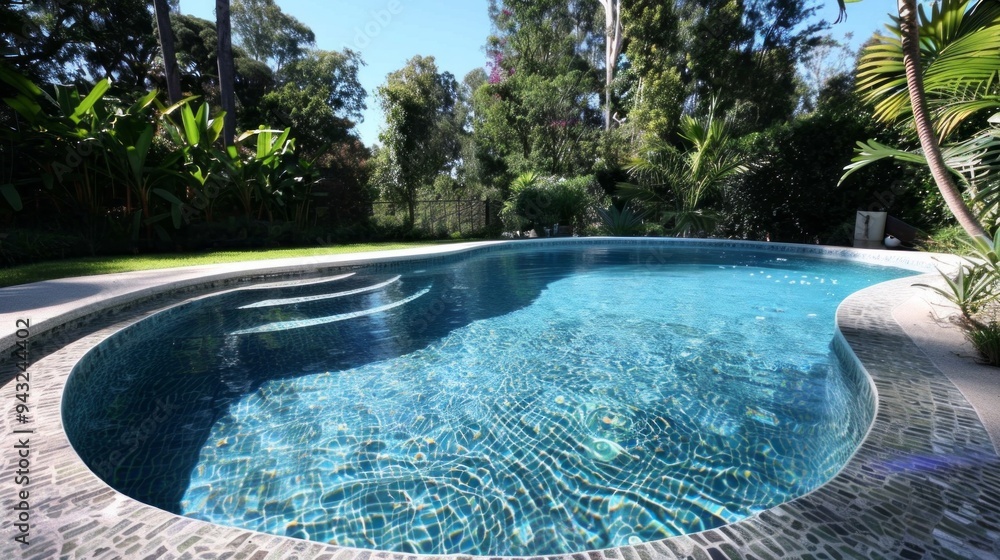 Poster a pool with a tile edge and a green grassy area