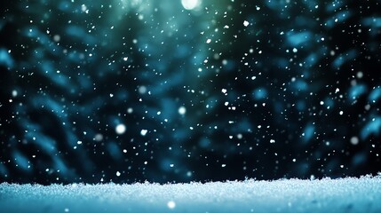 Obraz premium Serene winter snowfall creating a tranquil and magical atmosphere with snowflakes falling against a blurred forest background.
