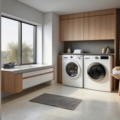 Modern Laundry Room with White Washing Machine and Dryer