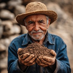 Fototapeta premium Old Farmer With A Handful Of Soil. Senior Man Holding Fertile Land, Wrinkled Skin, Agriculture