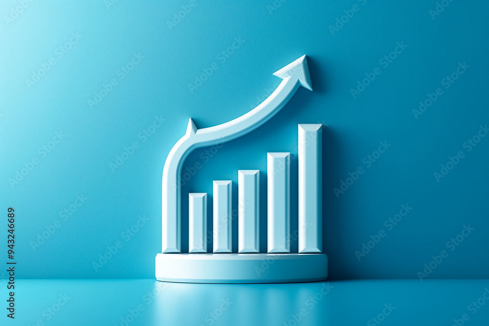 Poster a three-dimensional representation of a bar graph with an upward arrow on a blue background illustra