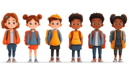 Children in vibrant school outfits with backpacks together.
