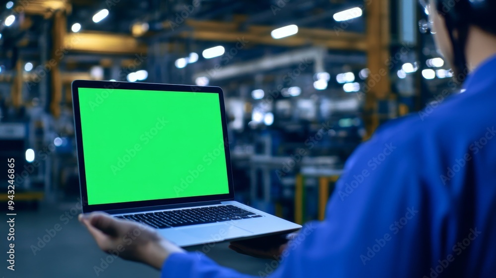Poster a car factory engineer in a work uniform utilizing a laptop computer with a green screen mockup disp